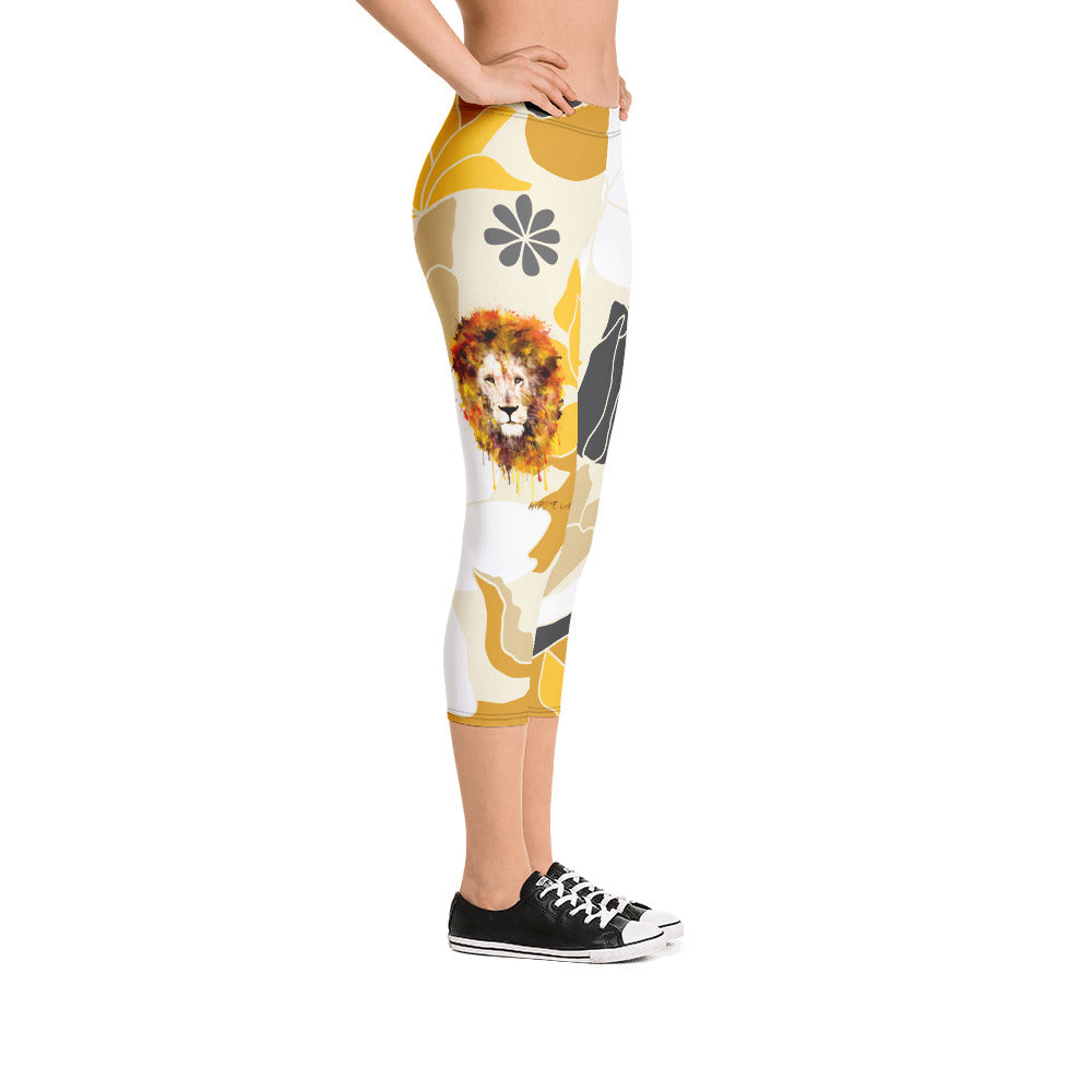 Tan Flowers Capri Leggings
