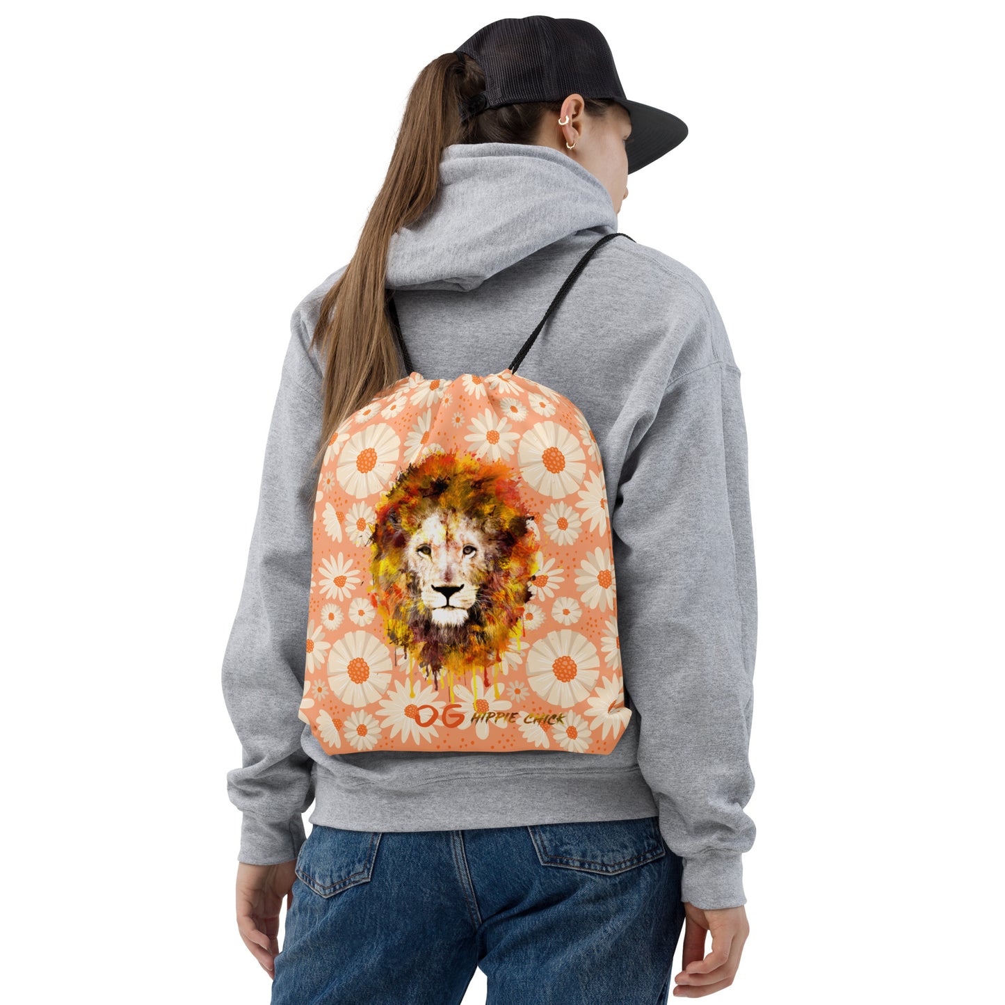 Peach Daisies Drawstring Bag