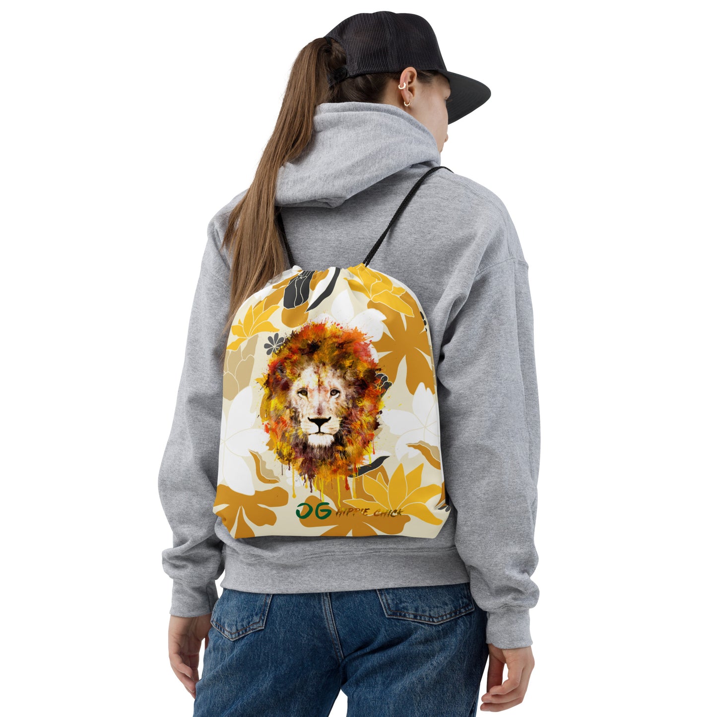 Tan Flowers Drawstring Bag