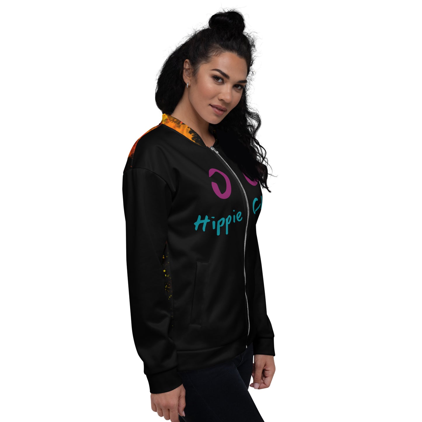 Black Bomber Jacket - OG Hippie Chick (large Lion on back)