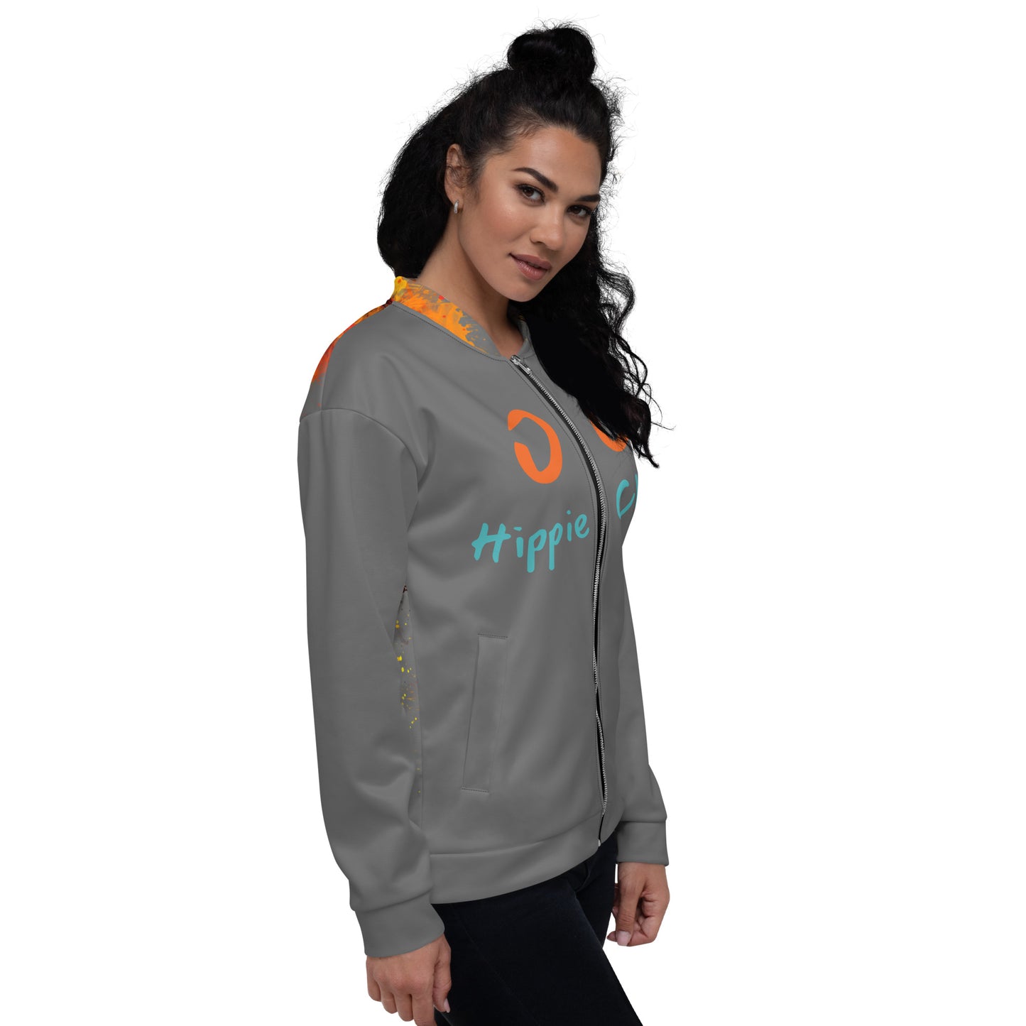 Grey Bomber Jacket - OG Hippie Chick (large Lion on back)