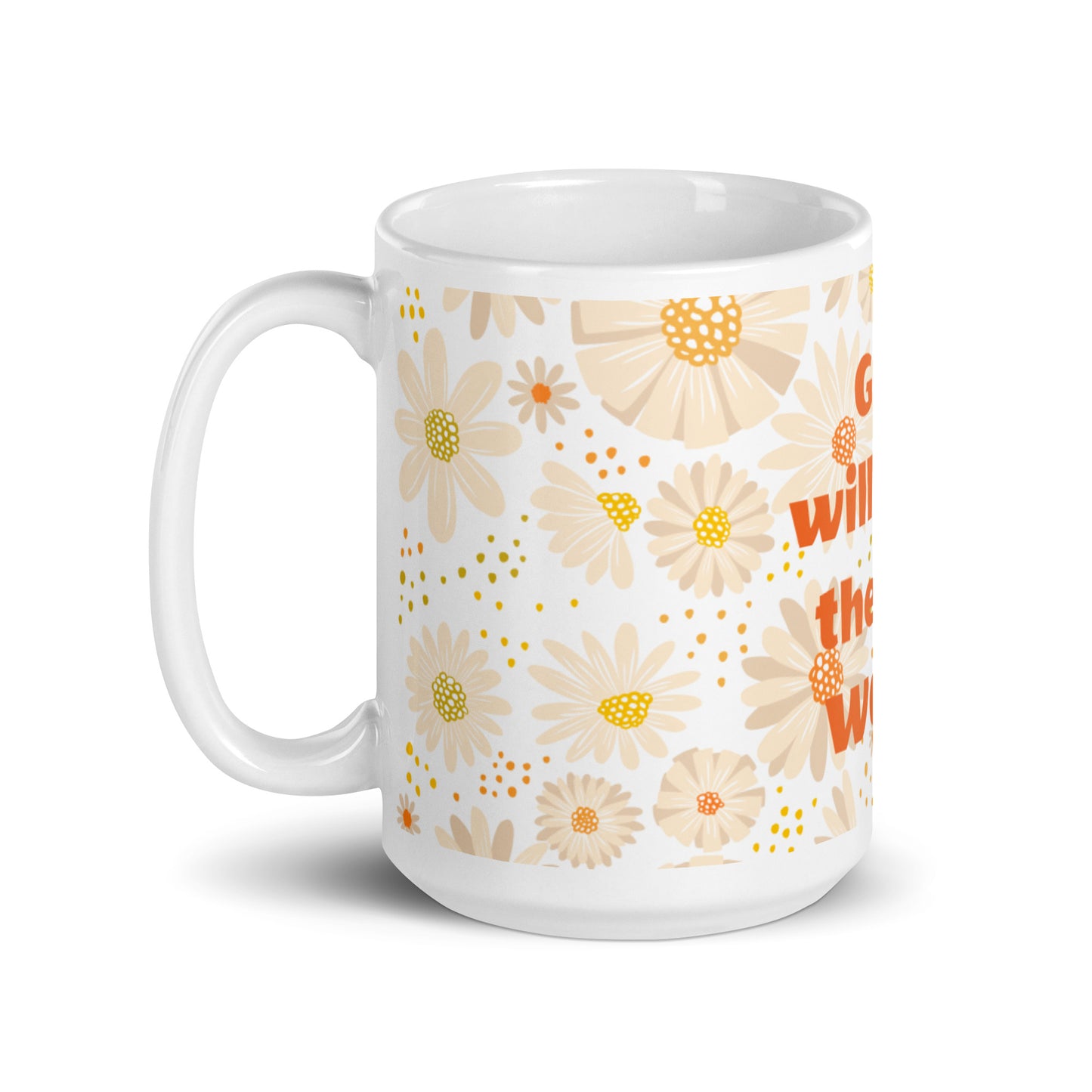 Tasse blanche brillante Tan Daisies - Dieu aura le dernier mot