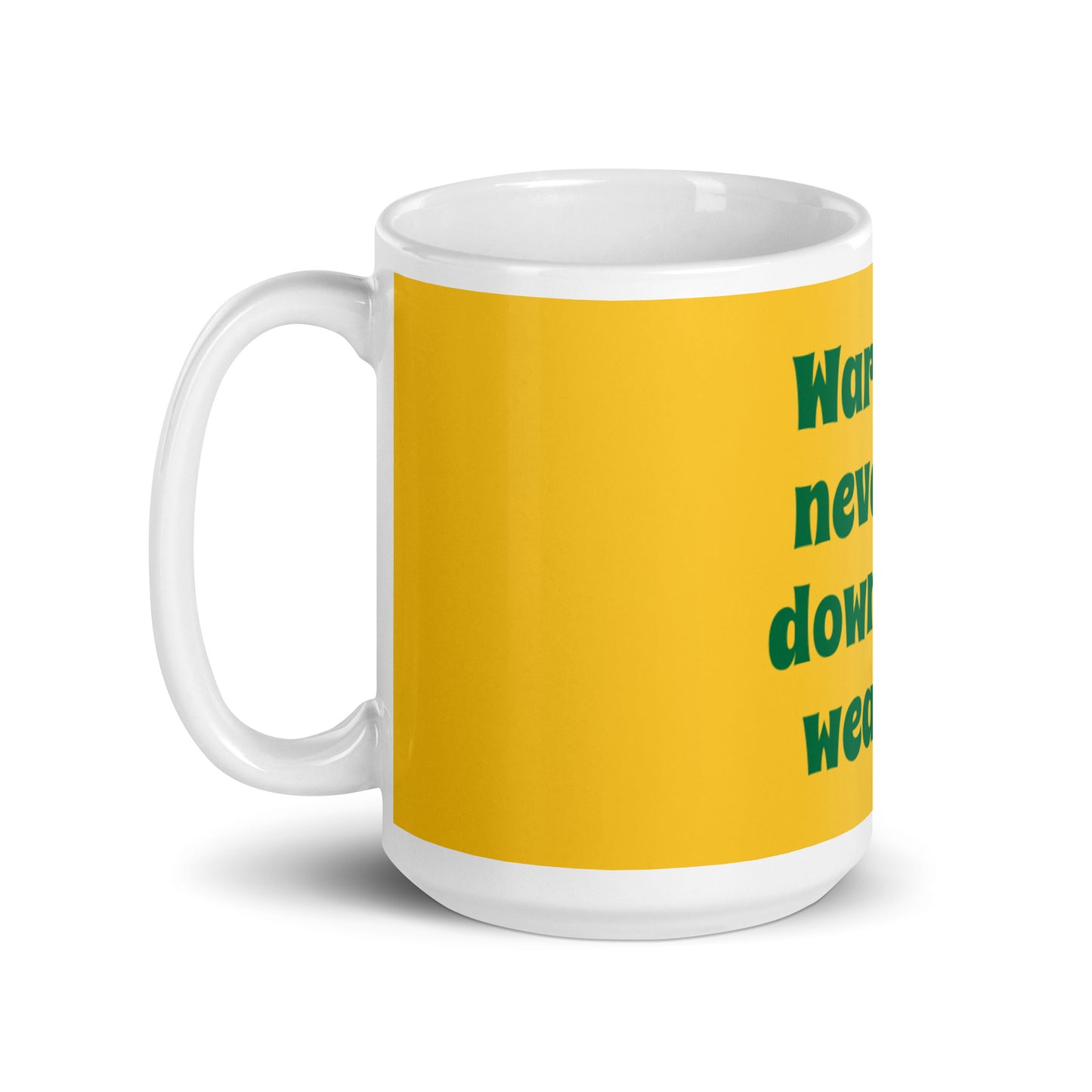 Yellow White Glossy Mug - Warriors never lay down their weapons