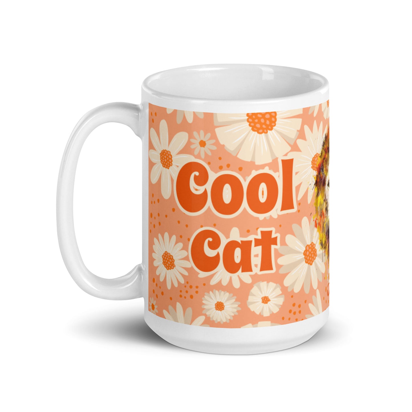 Peach Daisies White Glossy Mug - Cool Cat