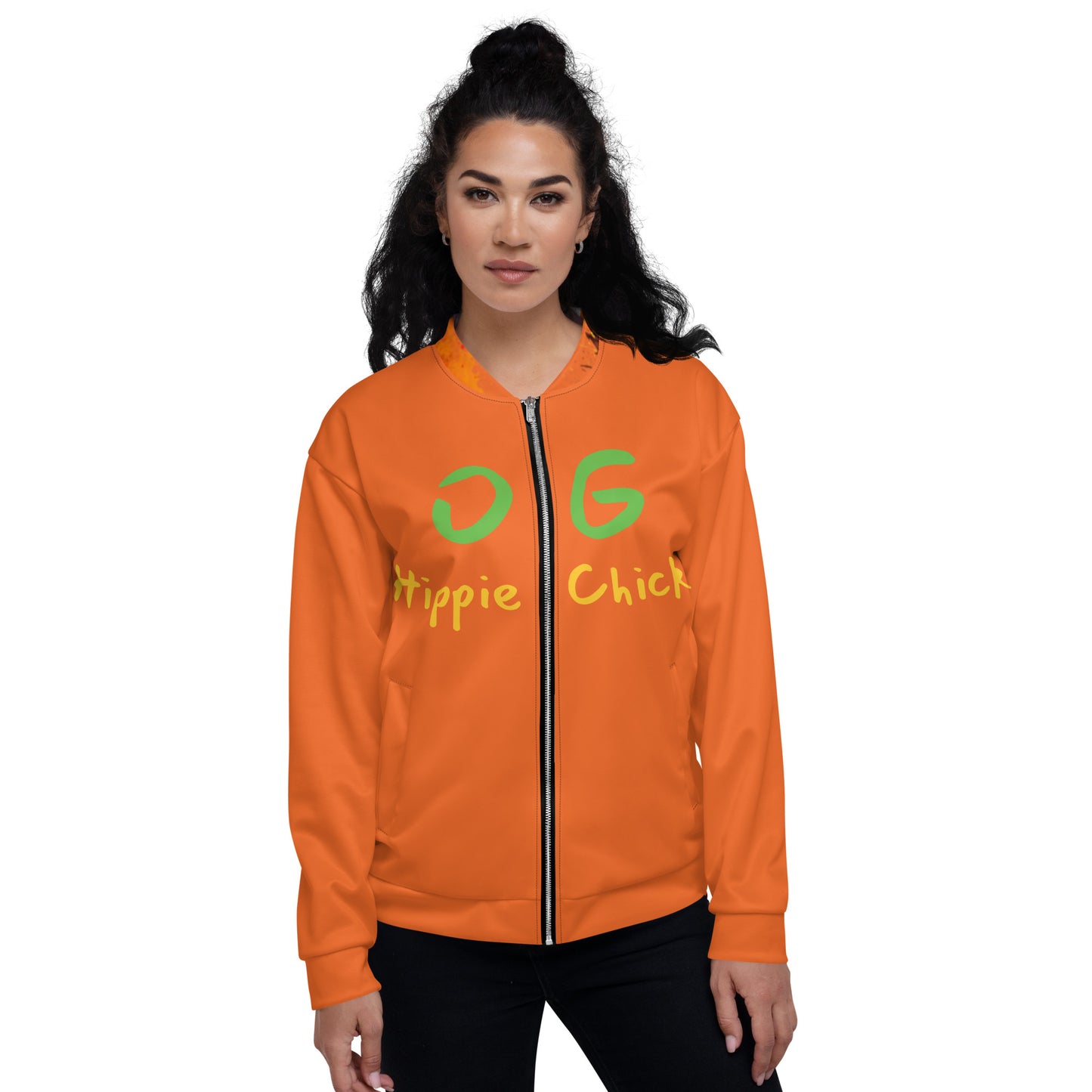 Orange Bomber Jacket - OG Hippie Chick (large Lion on back)