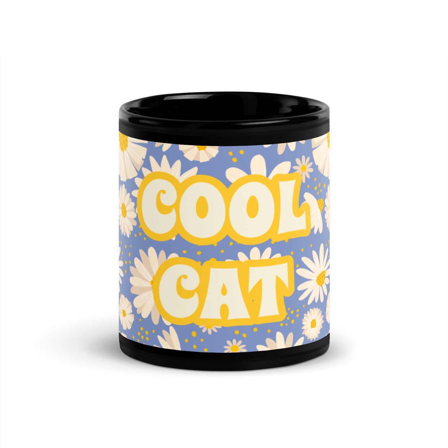 Mug Noir Brillant Marguerites Bleues - Cool Cat