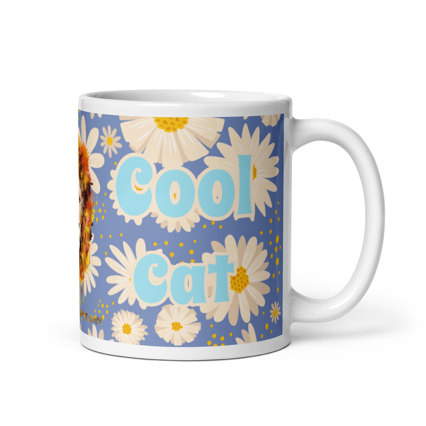 Mug Blanc Brillant Marguerites Bleues - Cool Cat
